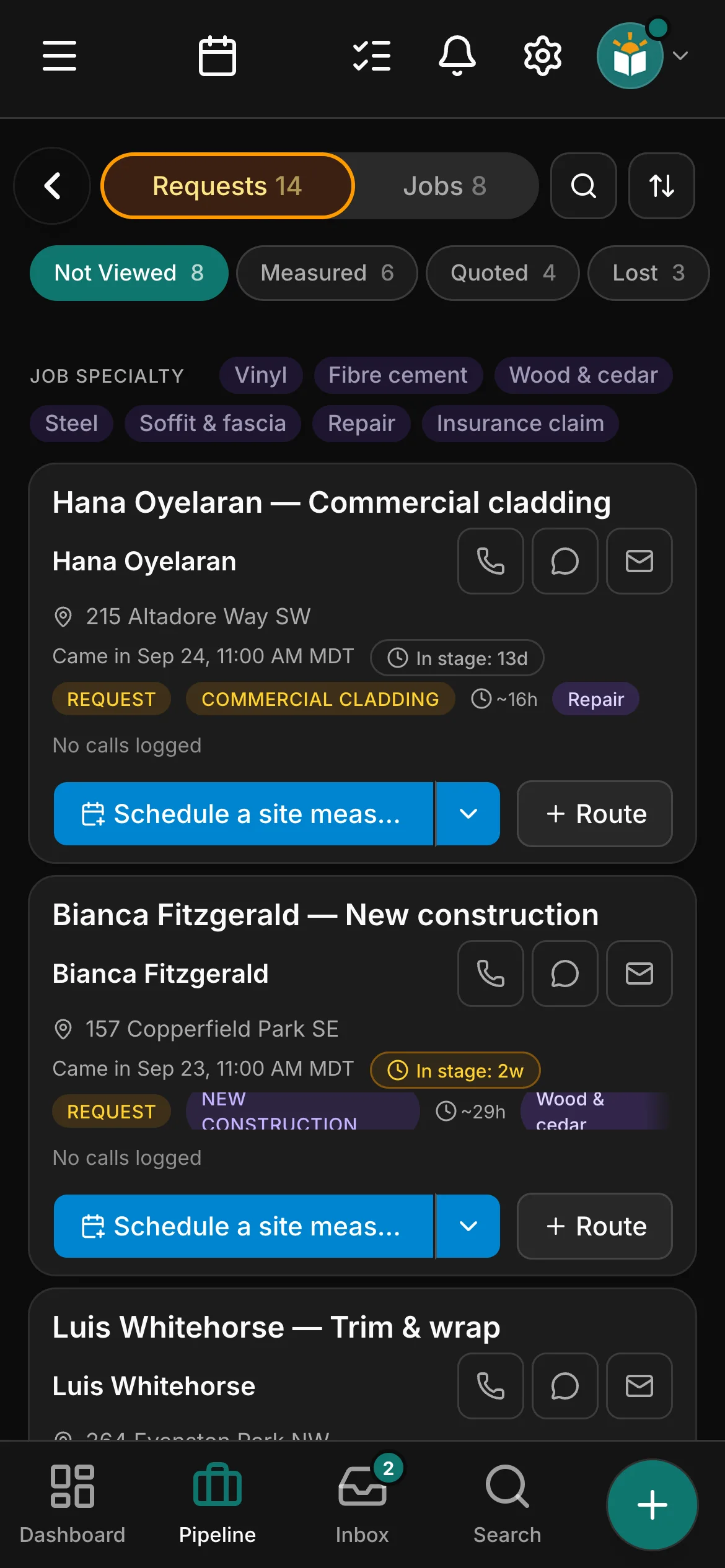 The requests board in Daybook: “Hana Oyelaran — Commercial cladding” and “Bianca Fitzgerald — New construction”.