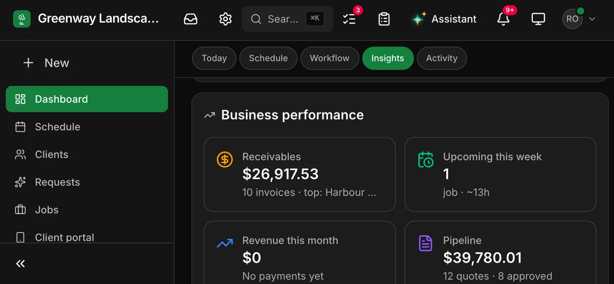A landscaping company’s dashboard with its sidebar, and how the business is doing: Receivables $26,917.53, Upcoming this week, Revenue this month $0 and Pipeline $39,780.01.
