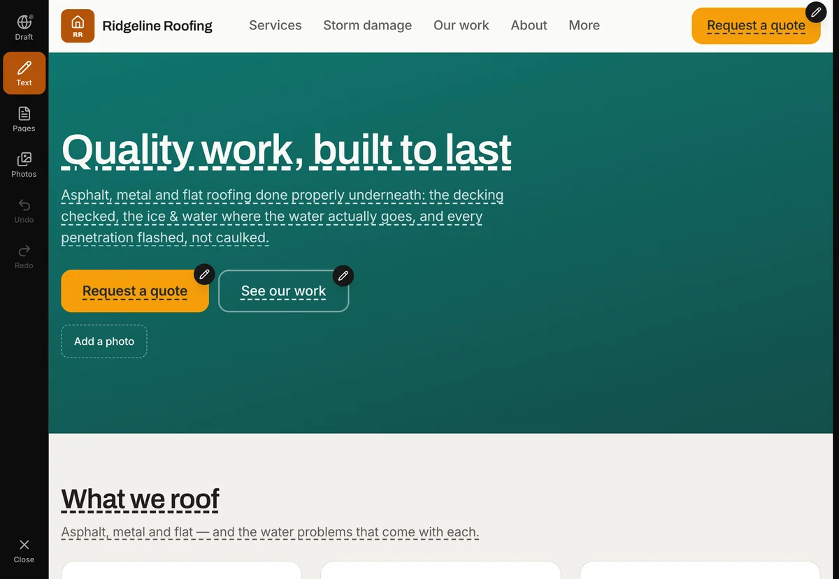 The site editor as it opens: Draft, Text, Pages, Photos, Undo and Redo, every word on the site editable in place.