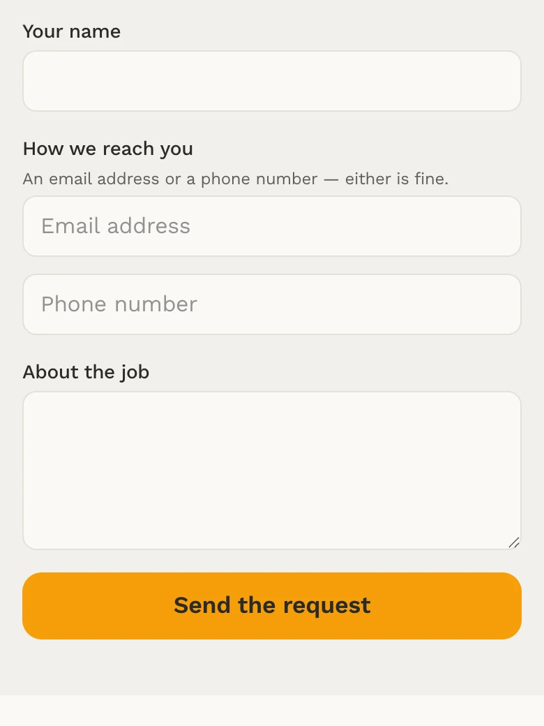 The request form on a Daybook website, on a phone: your name, an email address or a phone number, about the job, and a Send the request button.