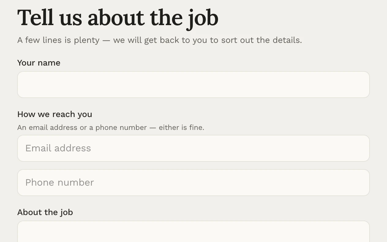 The request form on a published Daybook site: Your name, how we reach you, about the job, and a Send the request button.