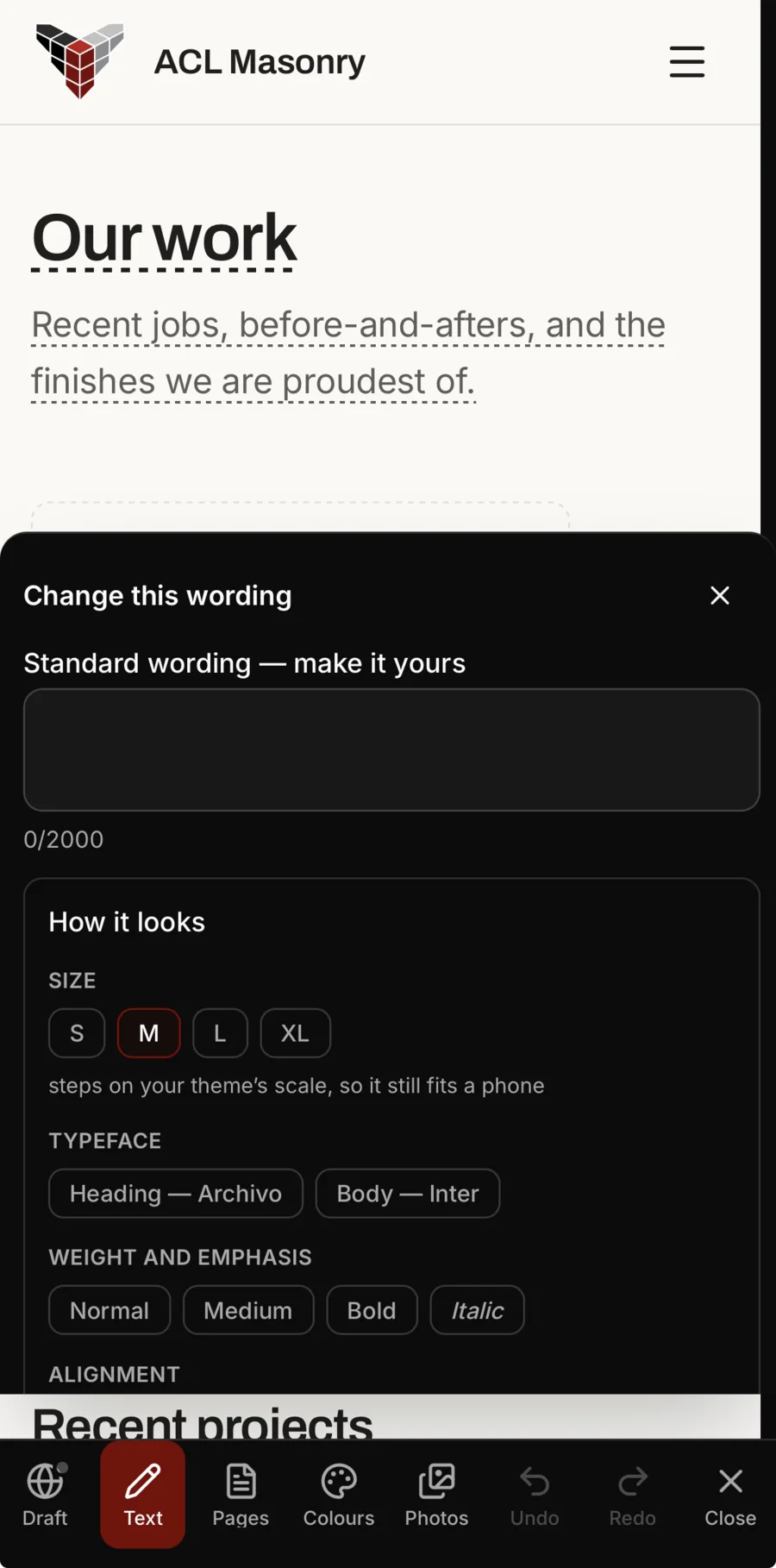Change this wording, open over a website’s Our work page: a box for the words, then how they look — size S to XL, the heading or body typeface, the weight and emphasis, and the alignment.