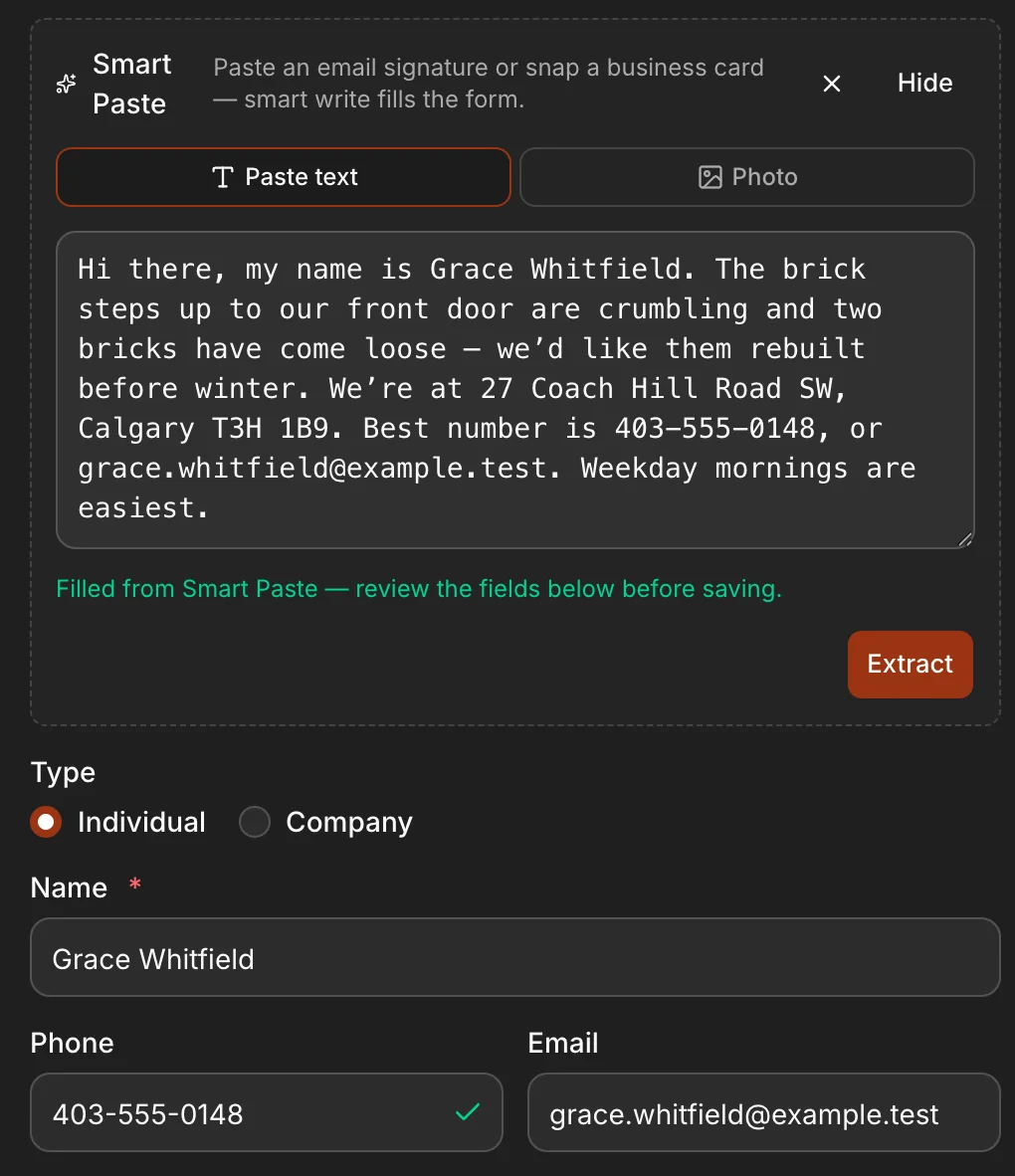 Smart Paste on a new request, an enquiry from Grace Whitfield pasted in: “Filled from Smart Paste — review the fields below before saving”.