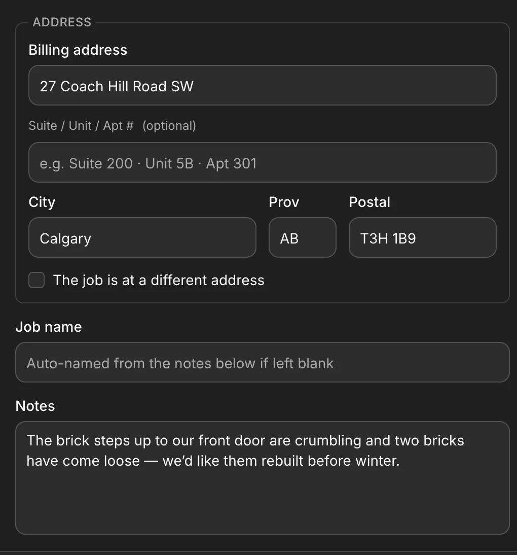 The same new request further down, the address and the work read in: the city, postal and notes filled in from it.