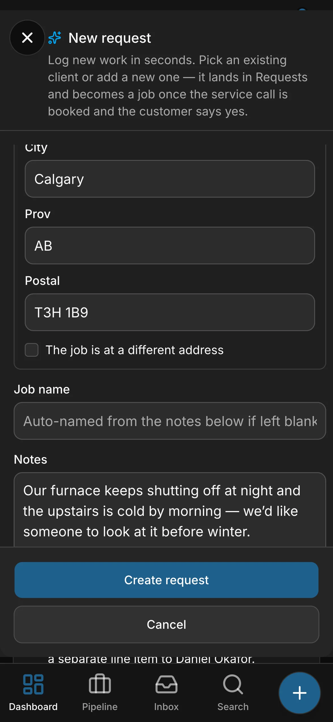 The same new request further down, the address and the work read in: the city, postal and notes filled in from it.