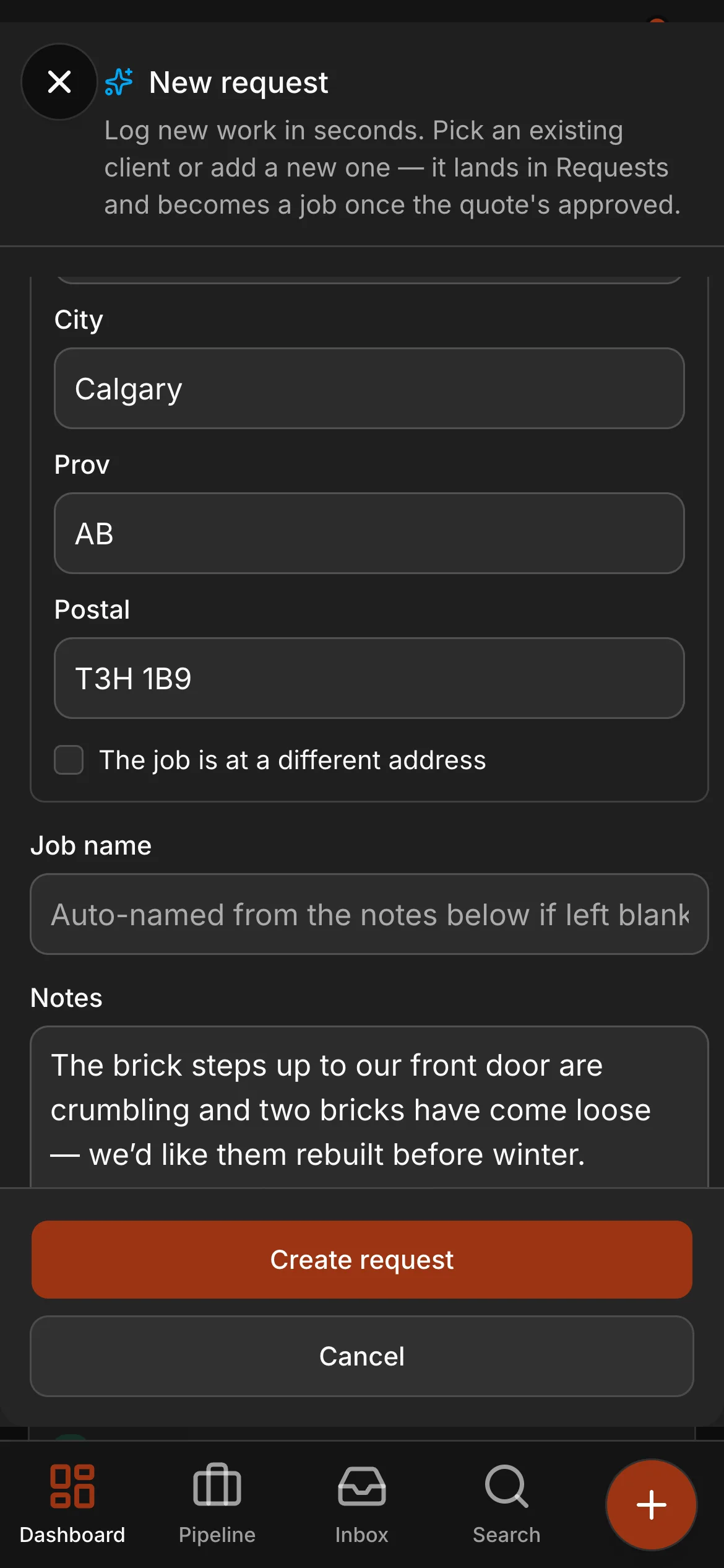 The same new request further down, the address and the work read in: the city, postal and notes filled in from it.