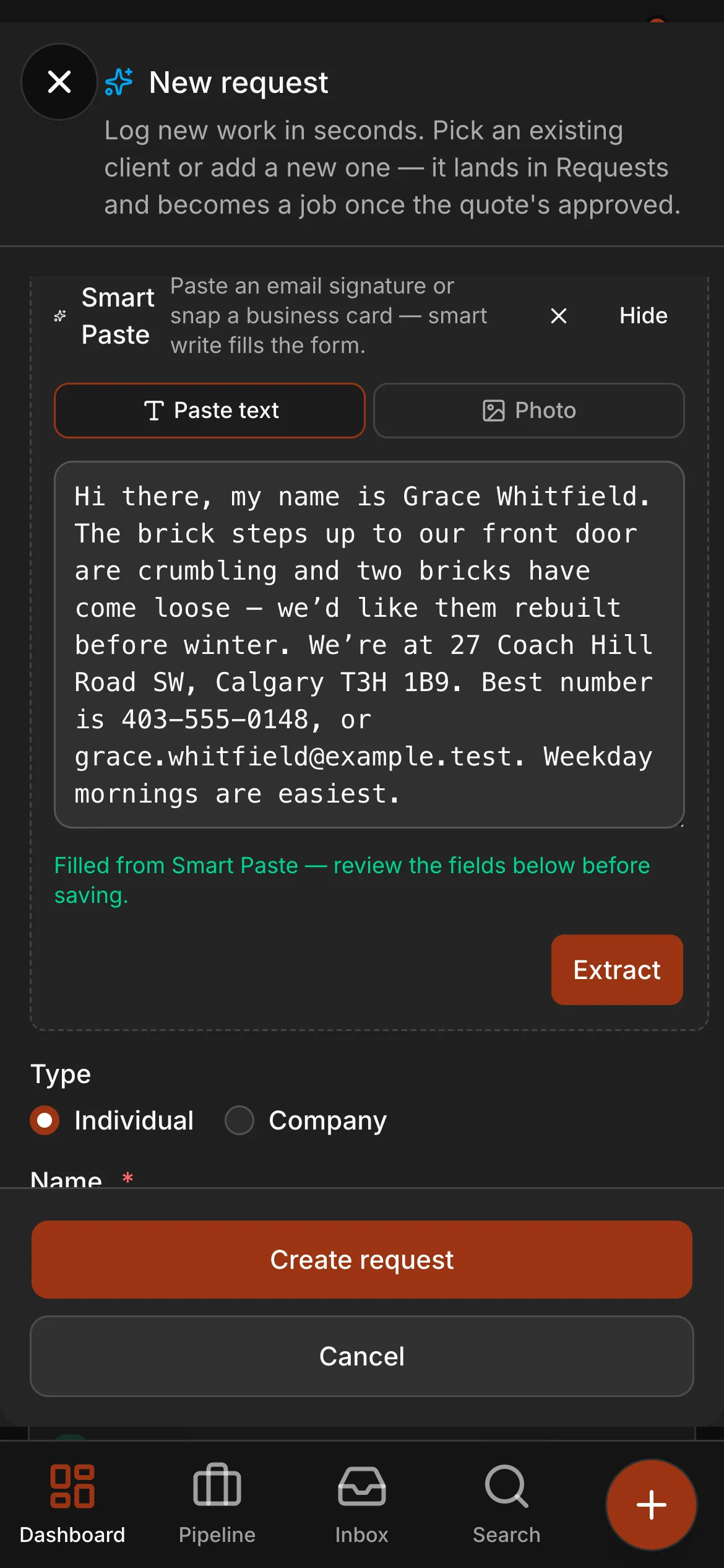 Smart Paste on a new request, an enquiry from Grace Whitfield pasted in: “Filled from Smart Paste — review the fields below before saving”.