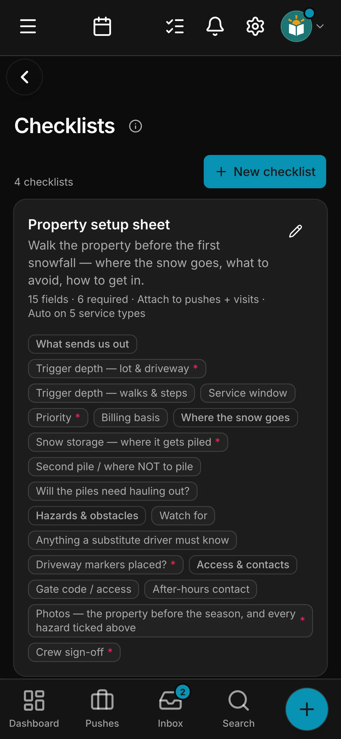 The checklists in Daybook: “Property setup sheet”.