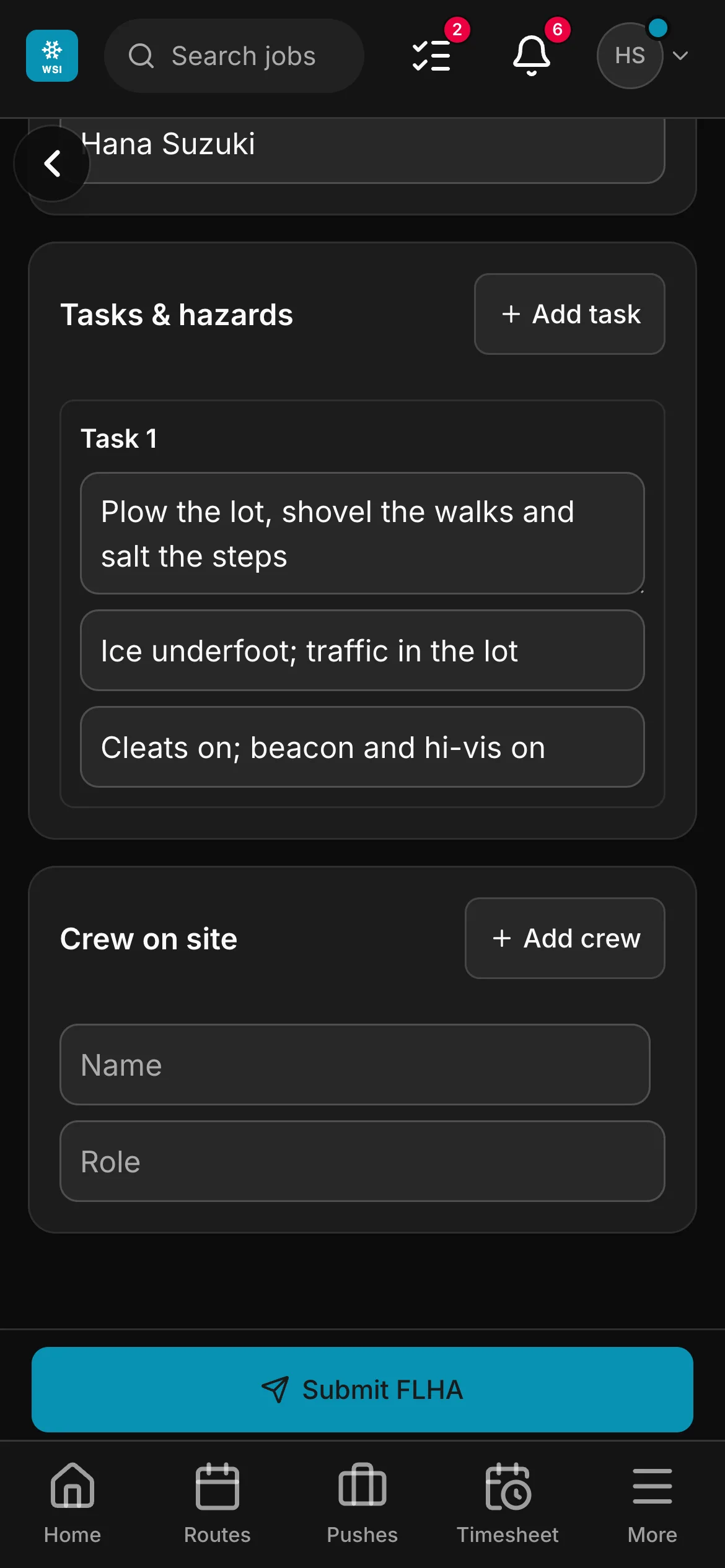 An FLHA in the crew app, “Plow the lot, shovel the walks and salt the steps”: the task with its hazard and its control, and the crew on site under it.