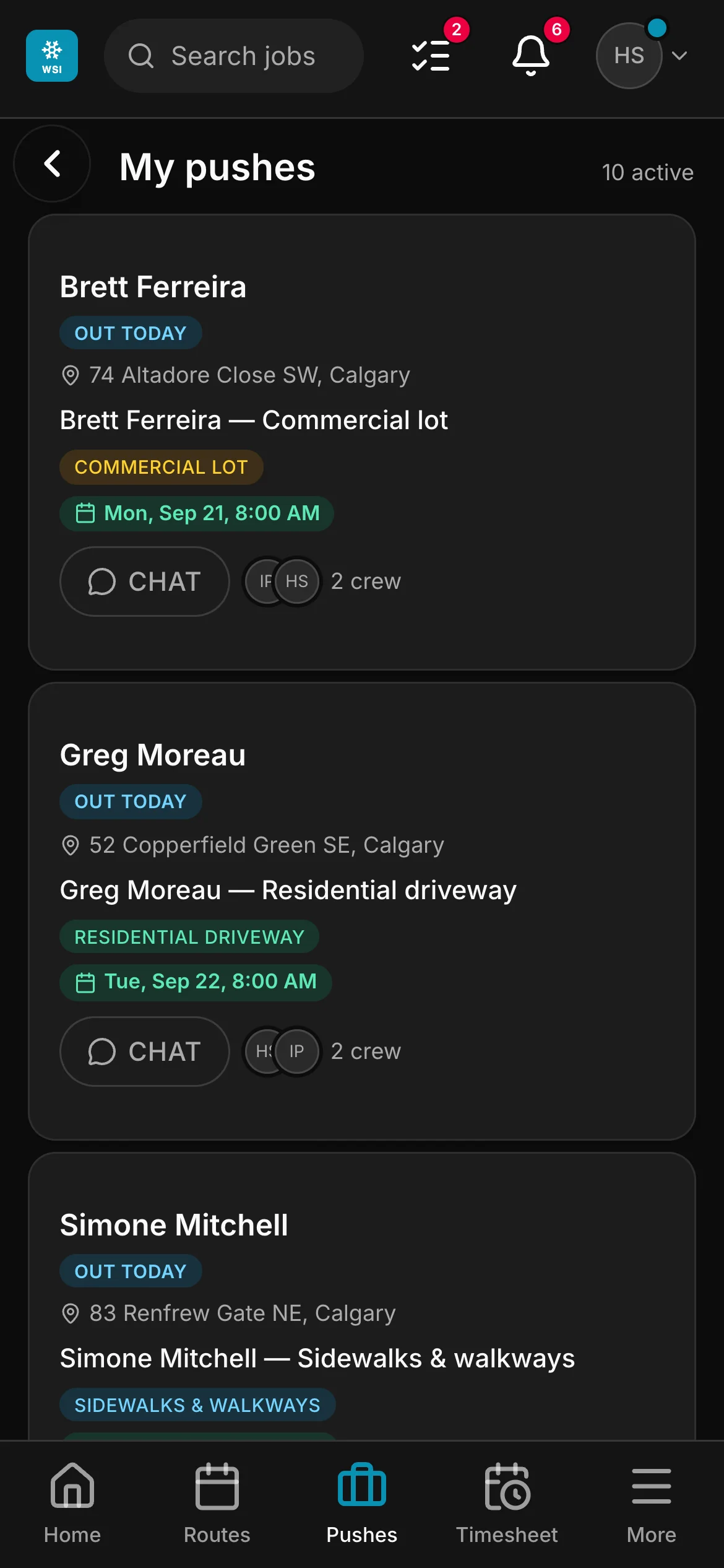 A crew member’s list in the crew app, 10 active: “Brett Ferreira — Commercial lot” and “Greg Moreau — Residential driveway” among them, each with its address and its time.