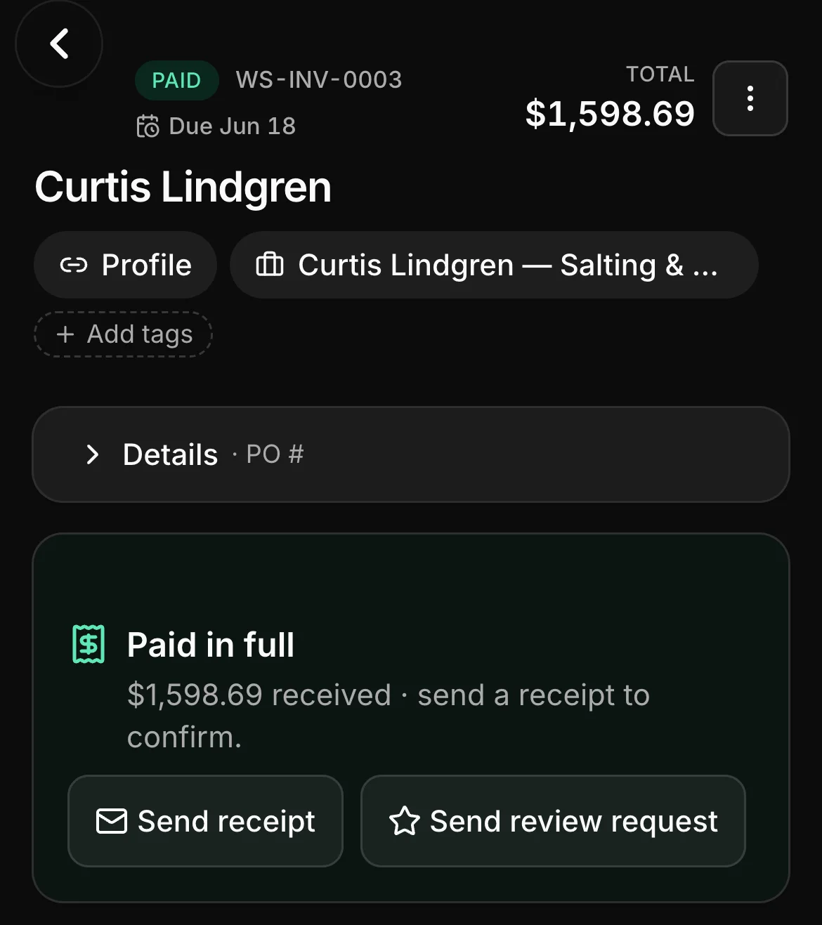 A paid invoice in Daybook: WS-INV-0003, paid, $1,598.69.