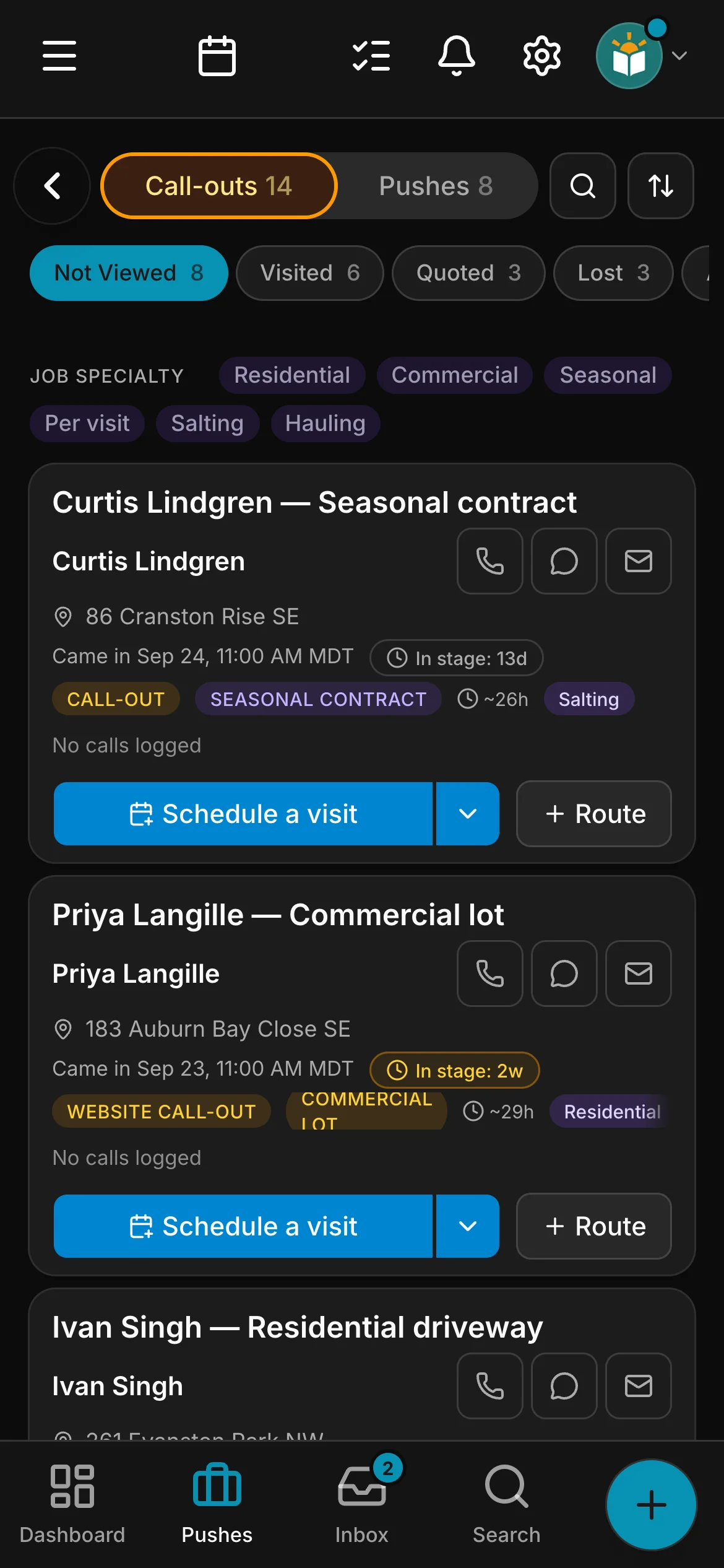 The requests board in Daybook: “Curtis Lindgren — Seasonal contract” and “Priya Langille — Commercial lot”.