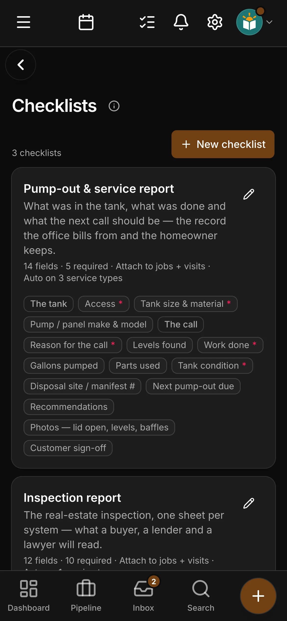 The checklists in Daybook: “Pump-out & service report” and “Inspection report”.