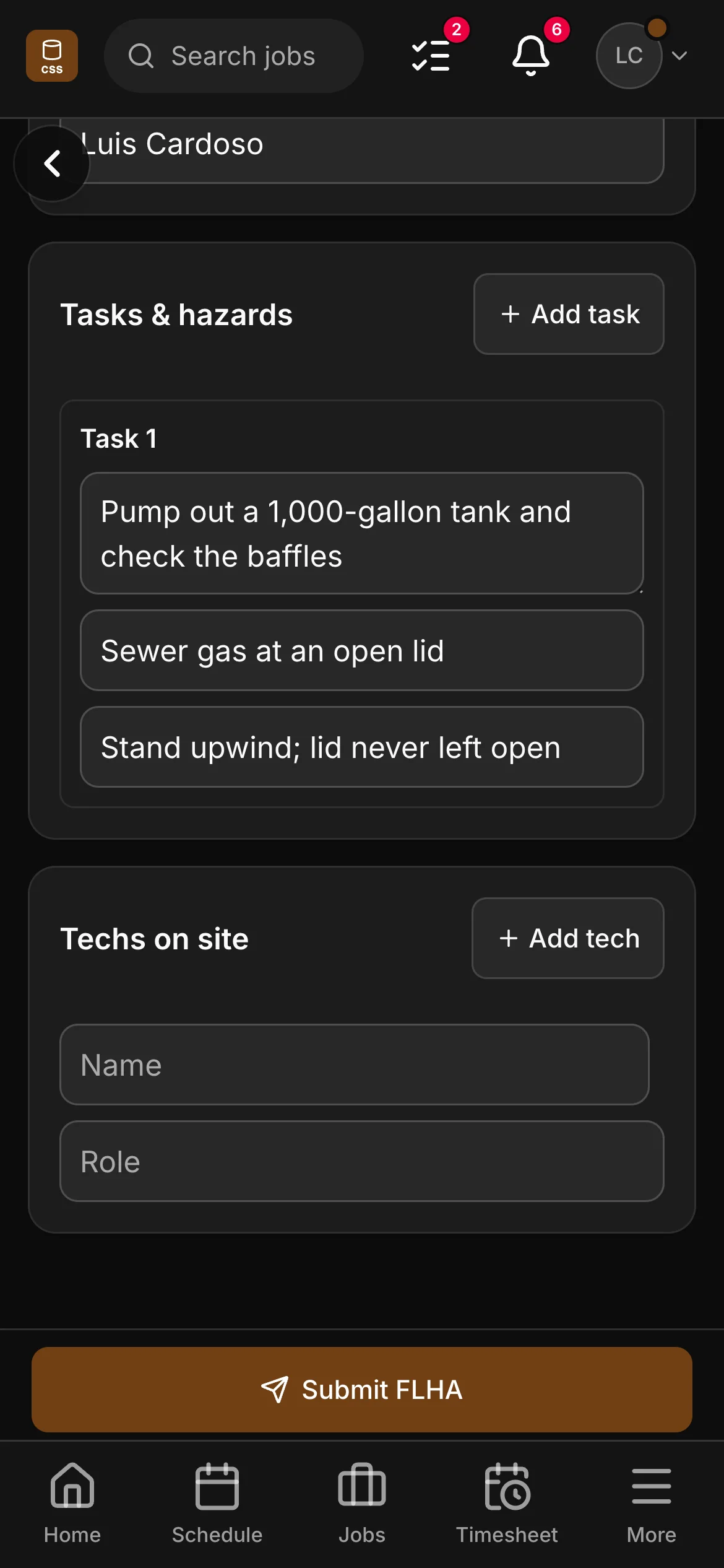 An FLHA in the crew app, “Pump out a 1,000-gallon tank and check the baffles”: the task with its hazard and its control.