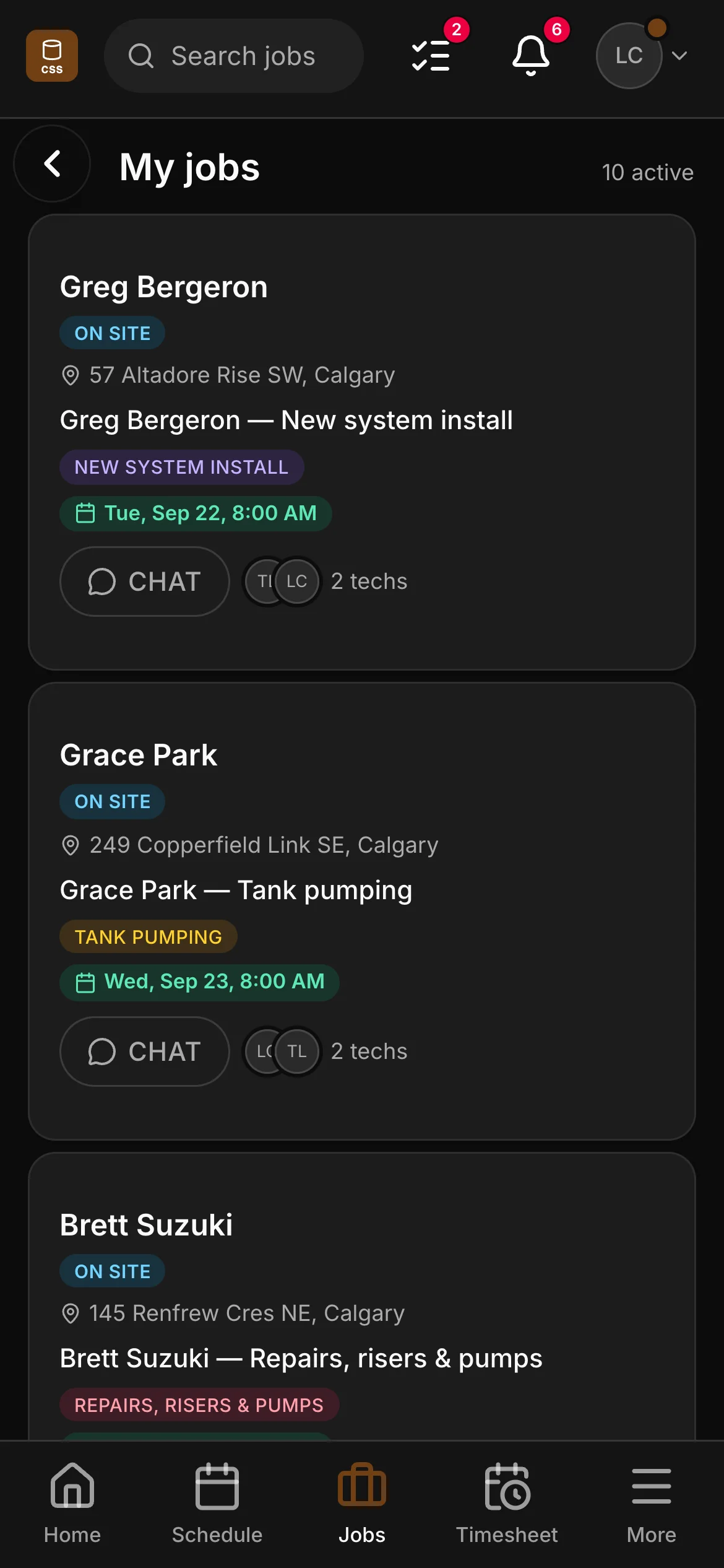 A crew member’s list in the crew app, 10 active: “Greg Bergeron — New system install” and “Grace Park — Tank pumping” among them, each with its address and its time.