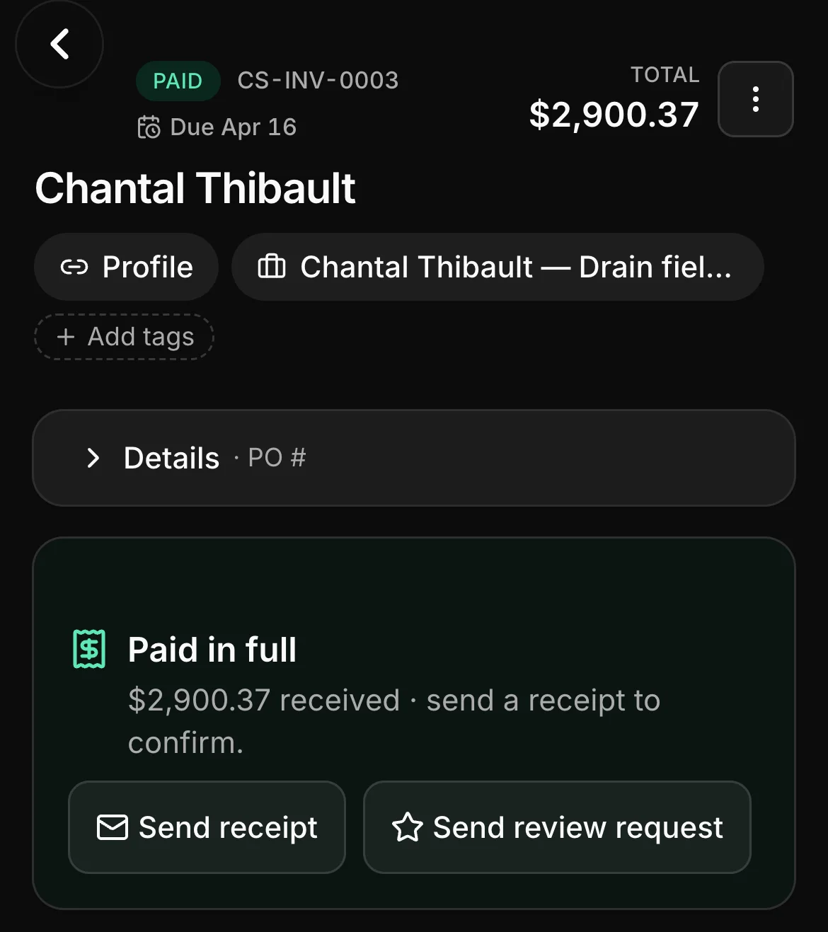 A paid invoice in Daybook: CS-INV-0003, paid, $2,900.37.