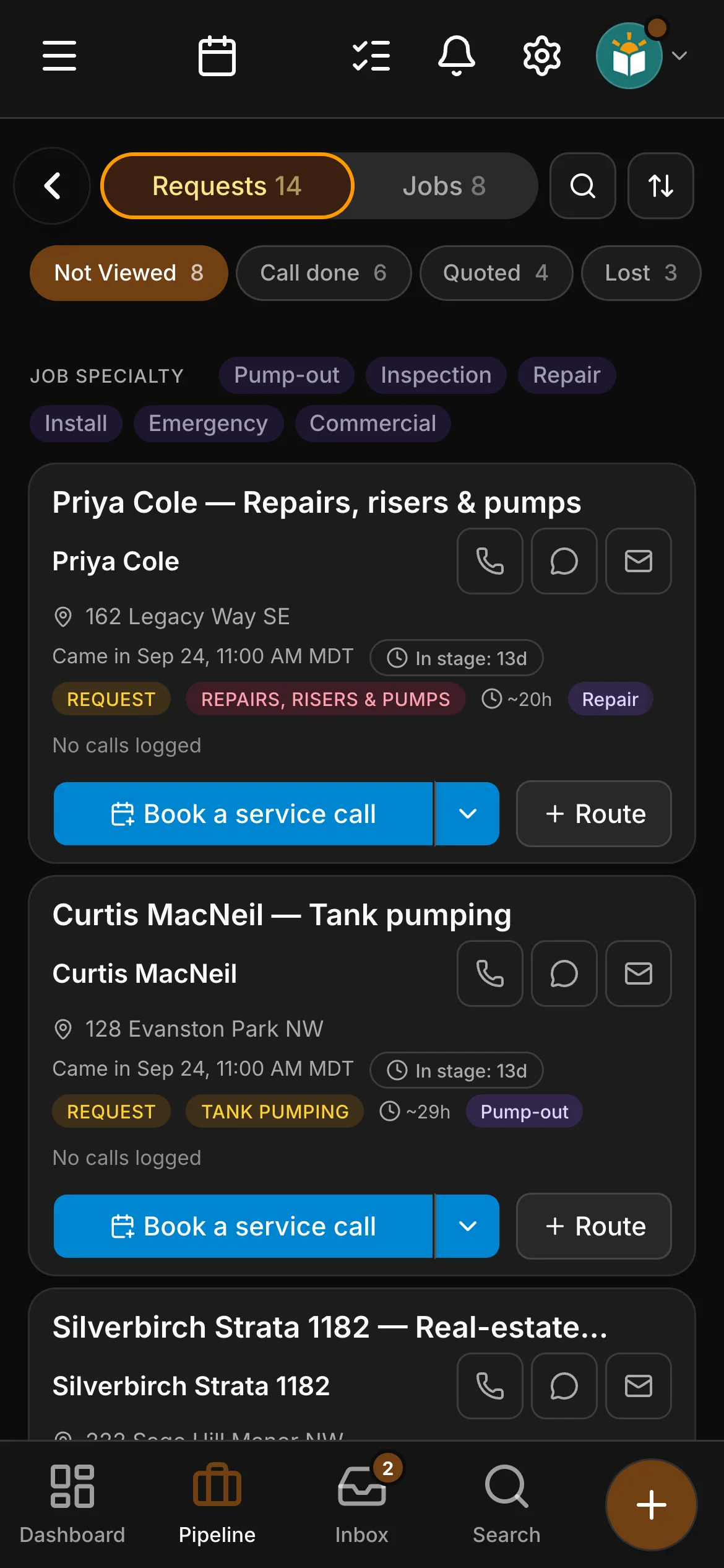 The requests board in Daybook: “Priya Cole — Repairs, risers & pumps” and “Curtis MacNeil — Tank pumping”.