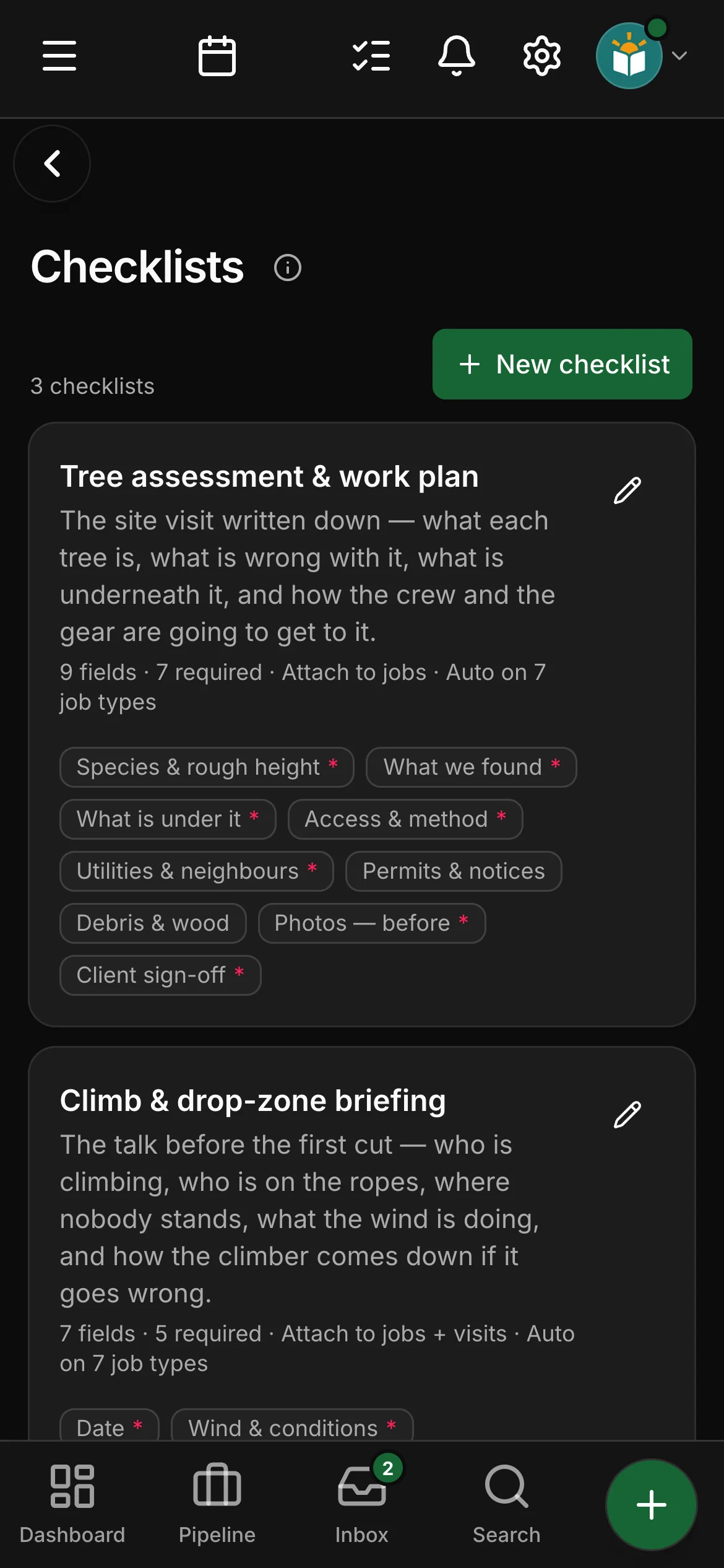 The checklists in Daybook: “Tree assessment & work plan” and “Climb & drop-zone briefing”.