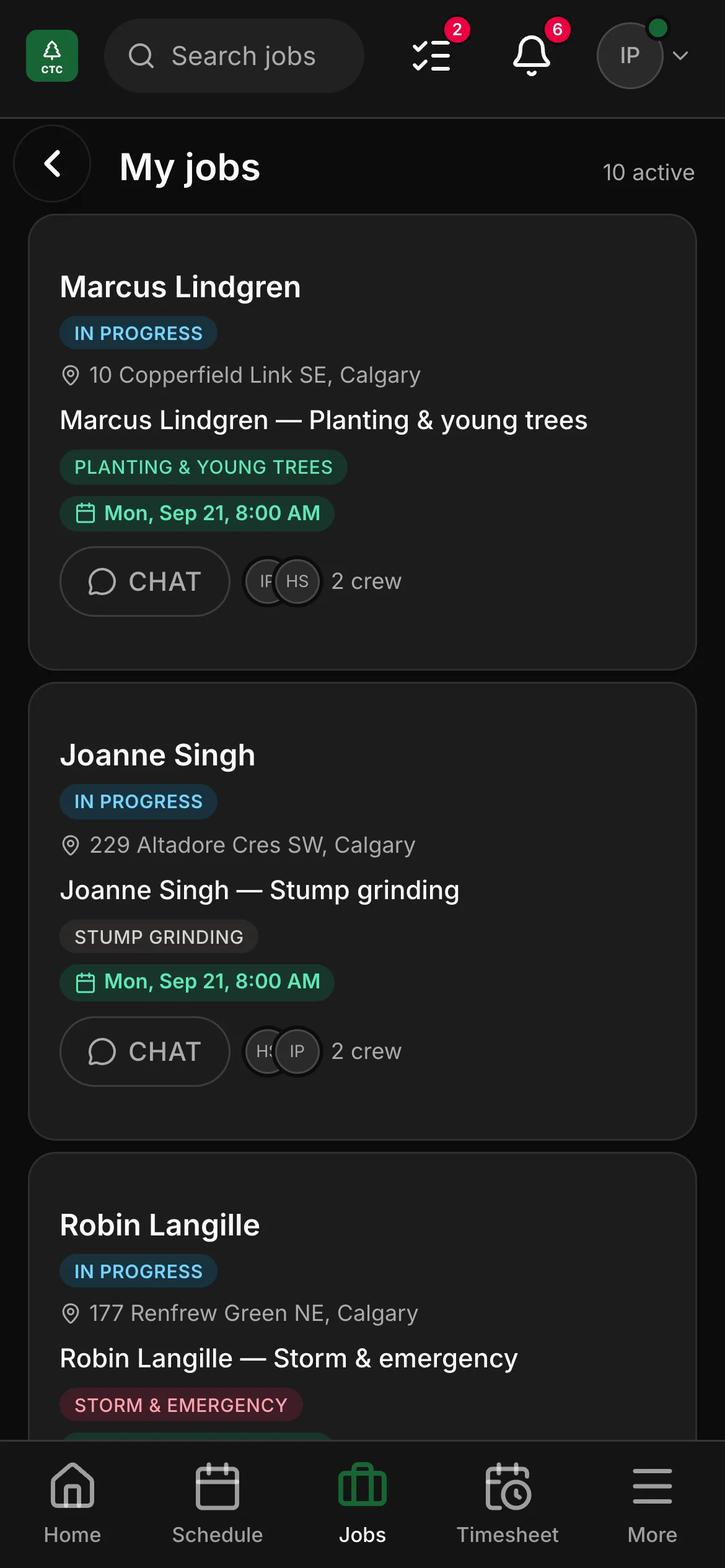 A crew member’s list in the crew app, 10 active: “Marcus Lindgren — Planting & young trees” and “Joanne Singh — Stump grinding” among them, each with its address and its time.