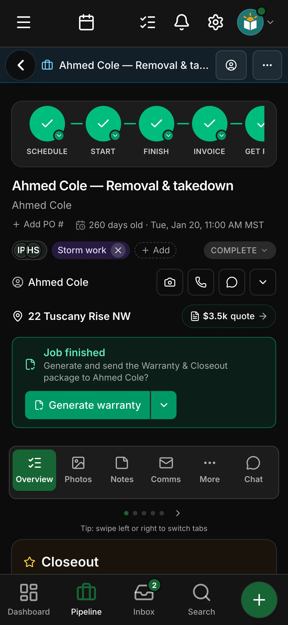 A finished job in Daybook: Job finished, Generate warranty and Closeout.