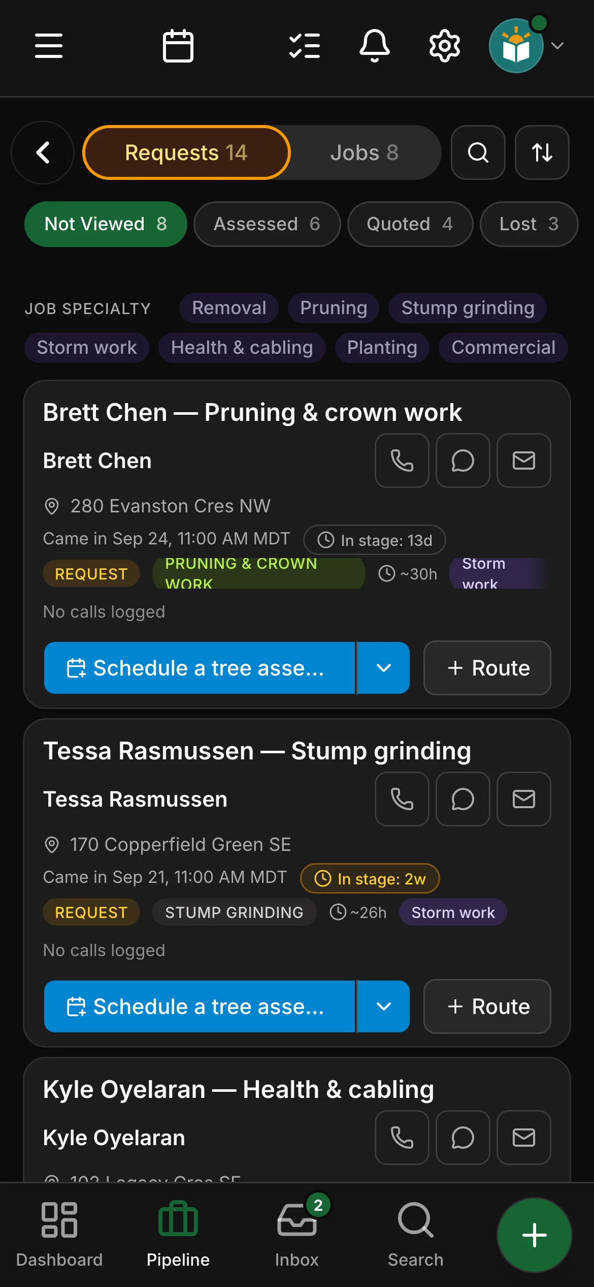 The requests board in Daybook: “Brett Chen — Pruning & crown work” and “Tessa Rasmussen — Stump grinding”.