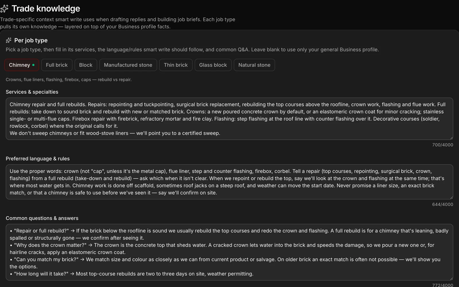 The Trade knowledge screen for a masonry company: per job type, the services, the preferred language and rules, and the common questions a reply should answer the way a mason would.