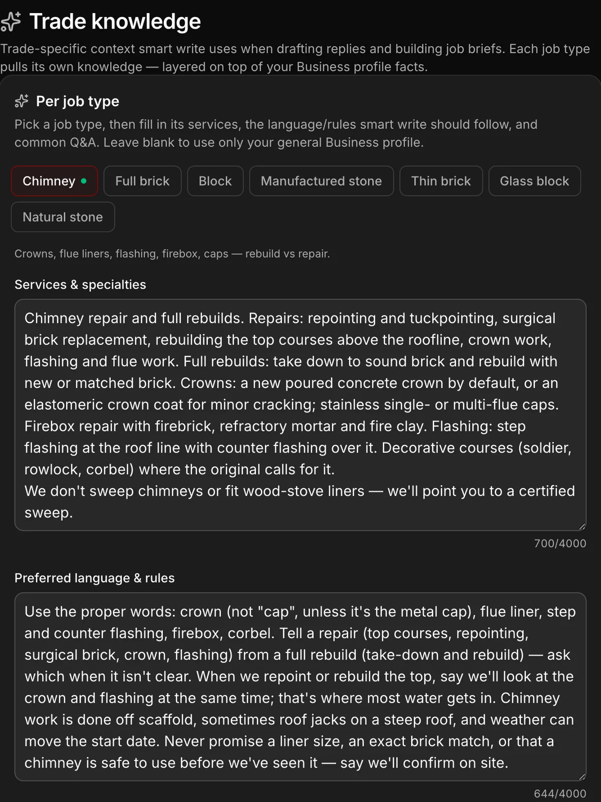 The Trade knowledge settings page in dark mode, content only, as a tall phone-width view: the Chimney job type chosen among seven, with its services and specialties and its preferred language and rules written in.