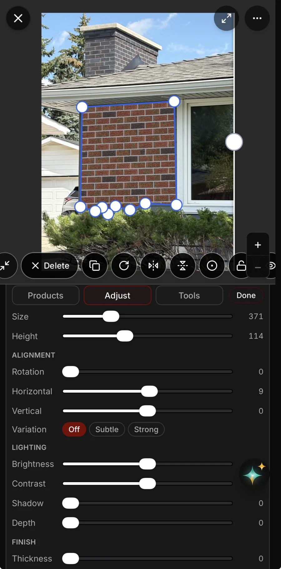 Brick on the traced wall, with the Adjust panel open: size, height, rotation, horizontal and vertical alignment, variation, brightness, contrast, shadow, depth and thickness.