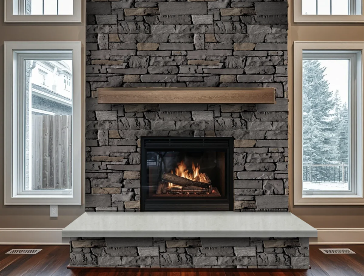 After: the same fireplace drawn by the Daybook visualizer in Cliffstone, Banff Springs — a grey stacked stone — with a flat grey precast hearth cap.