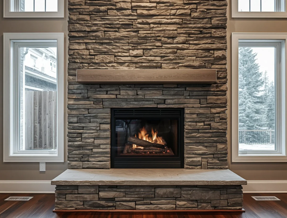 Before: a living-room fireplace faced in tan and brown ledgestone, as photographed.