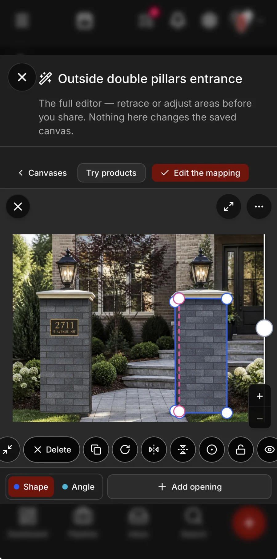 Edit the mapping on a saved photo of a front entrance between two brick pillars: one pillar outlined in blue with its corner handles, tools to delete, copy, rotate and flip it, Shape or Angle, and Add opening.