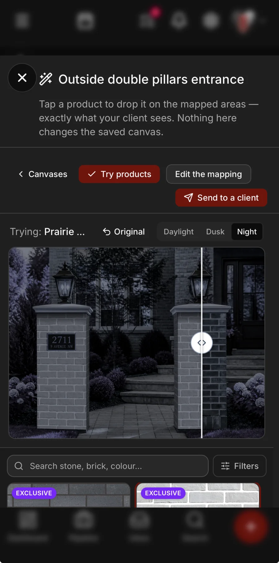 Try products on the same entrance at night: a sliding line between the pillars as photographed and in a new brick, Original, Daylight, Dusk and Night, Send to a client, and the catalogue to search below.
