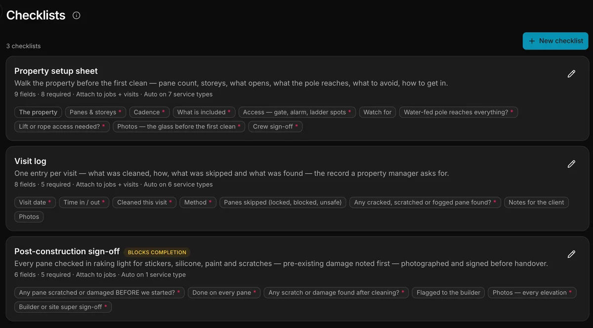 The checklists in Daybook: “Property setup sheet” and “Visit log”.
