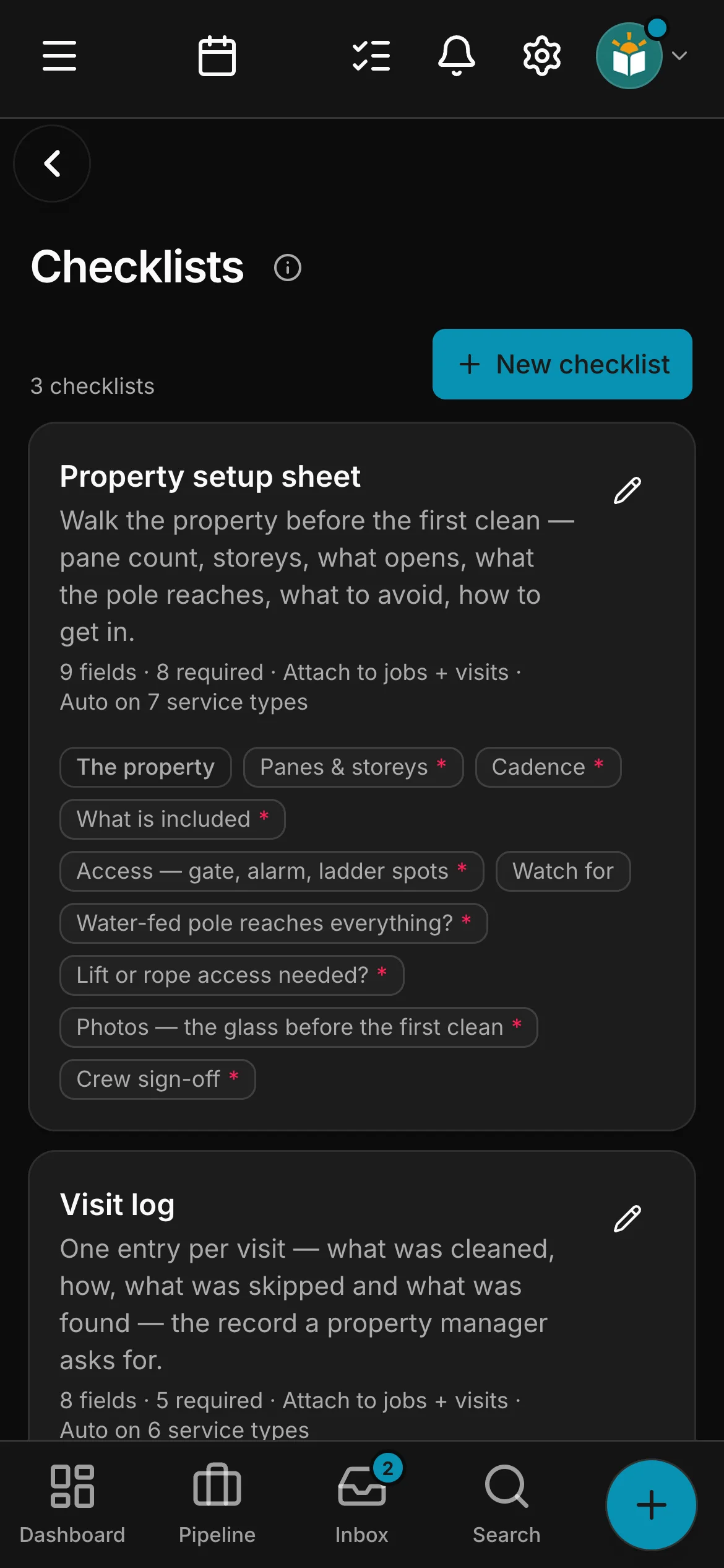 The checklists in Daybook: “Property setup sheet” and “Visit log”.