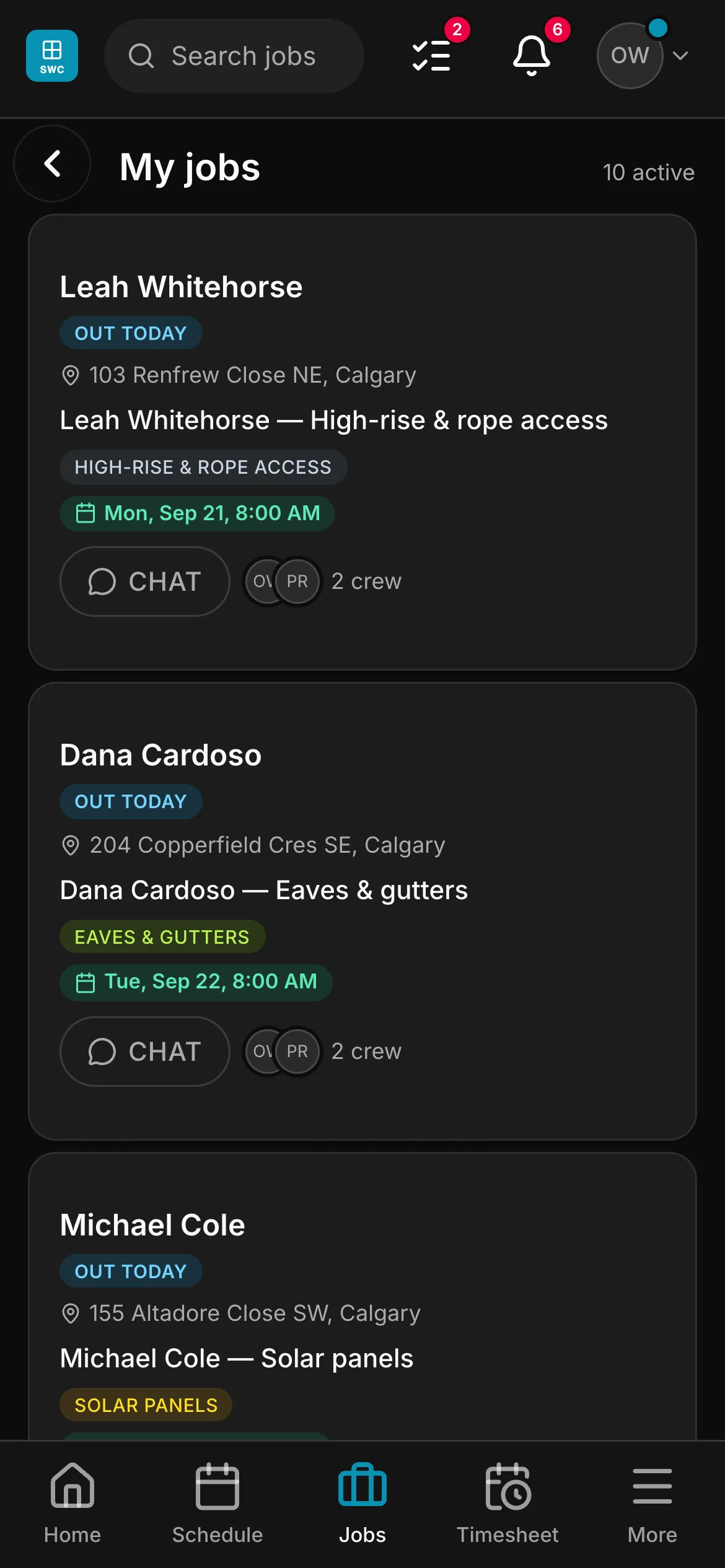 A crew member’s list in the crew app, 10 active: “Leah Whitehorse — High-rise & rope access” and “Dana Cardoso — Eaves & gutters” among them, each with its address and its time.
