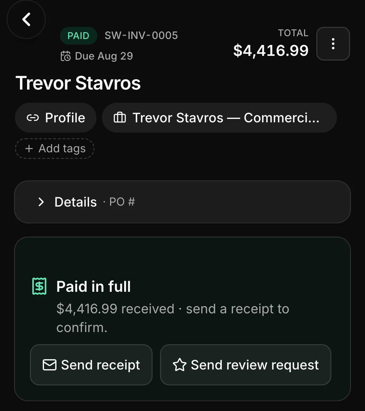 A paid invoice in Daybook: SW-INV-0005, paid, $4,416.99.