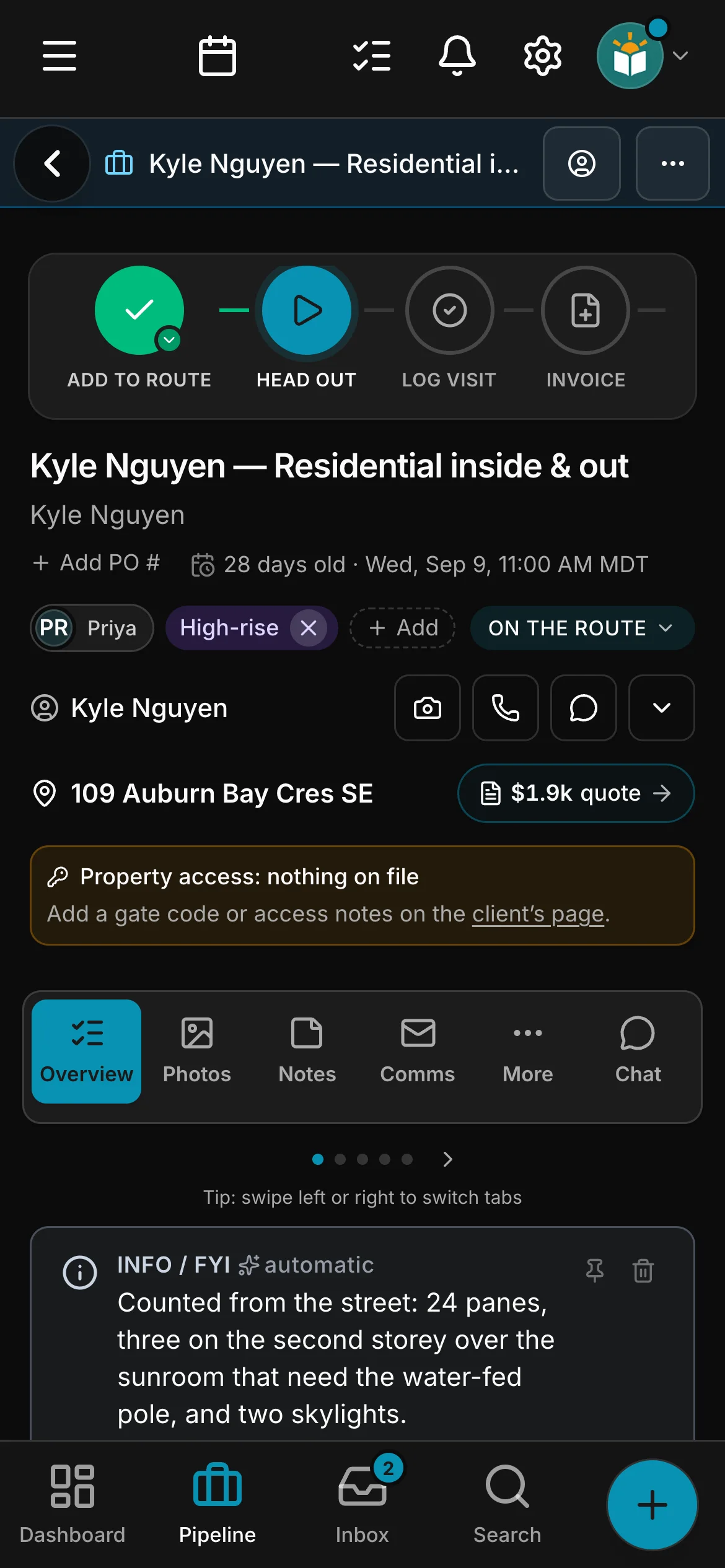 The job on its page in Daybook, its steps across the top: Add to route, Head out, Log visit and Invoice.