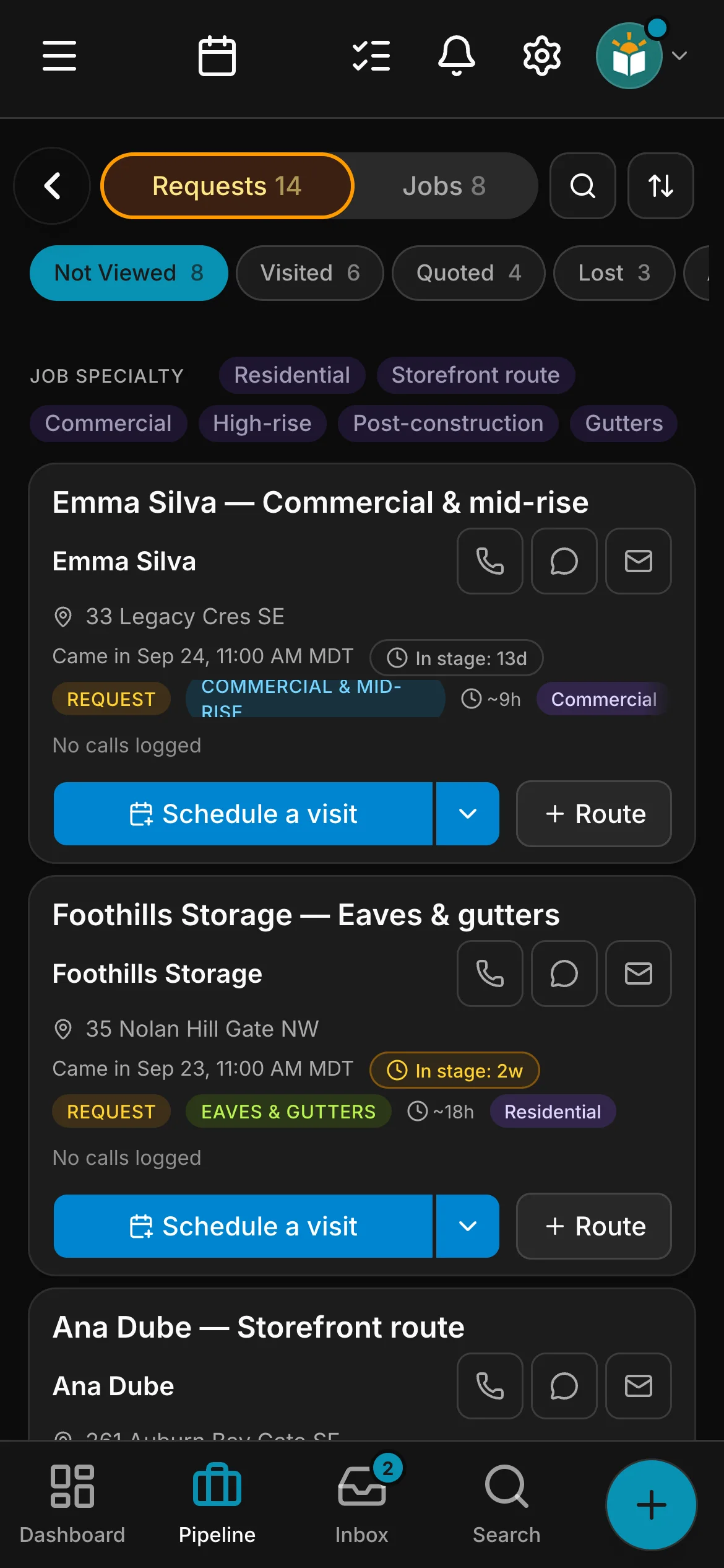 The requests board in Daybook: “Emma Silva — Commercial & mid-rise” and “Foothills Storage — Eaves & gutters”.
