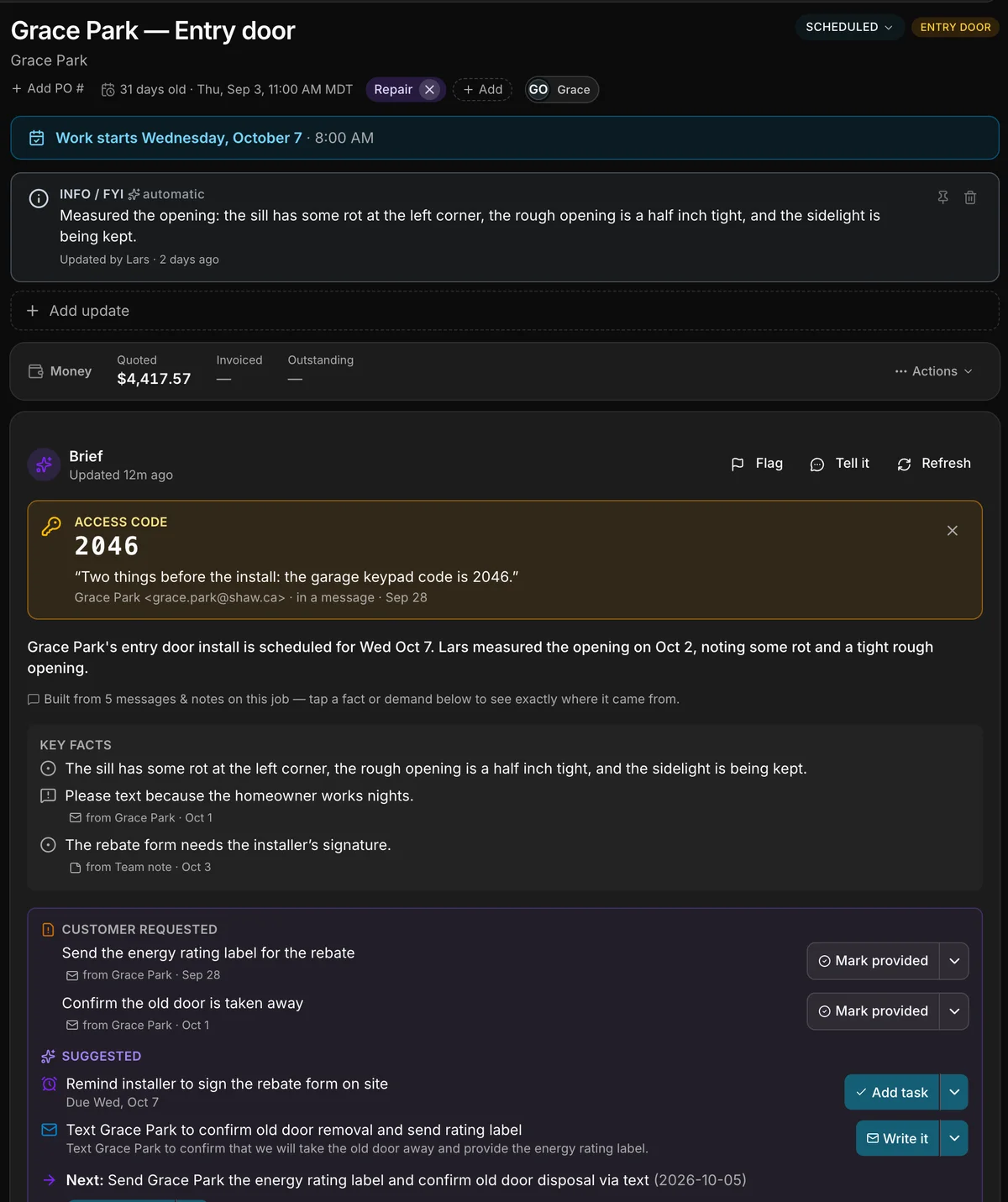 The job “Grace Park — Entry door” in Daybook, and its brief: “Work starts Wednesday, October 7”, an update from the crew, the access code pinned from the customer’s email, a short summary of where it stands, the key facts and what the customer asked for (each with the message it came from).