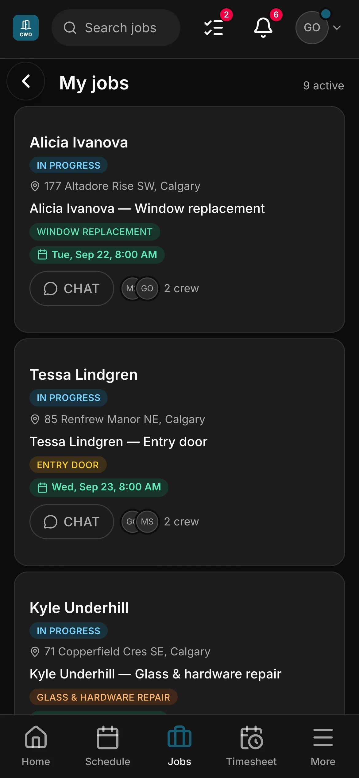 A crew member’s list in the crew app, 9 active: “Alicia Ivanova — Window replacement” and “Tessa Lindgren — Entry door” among them, each with its address and its time.