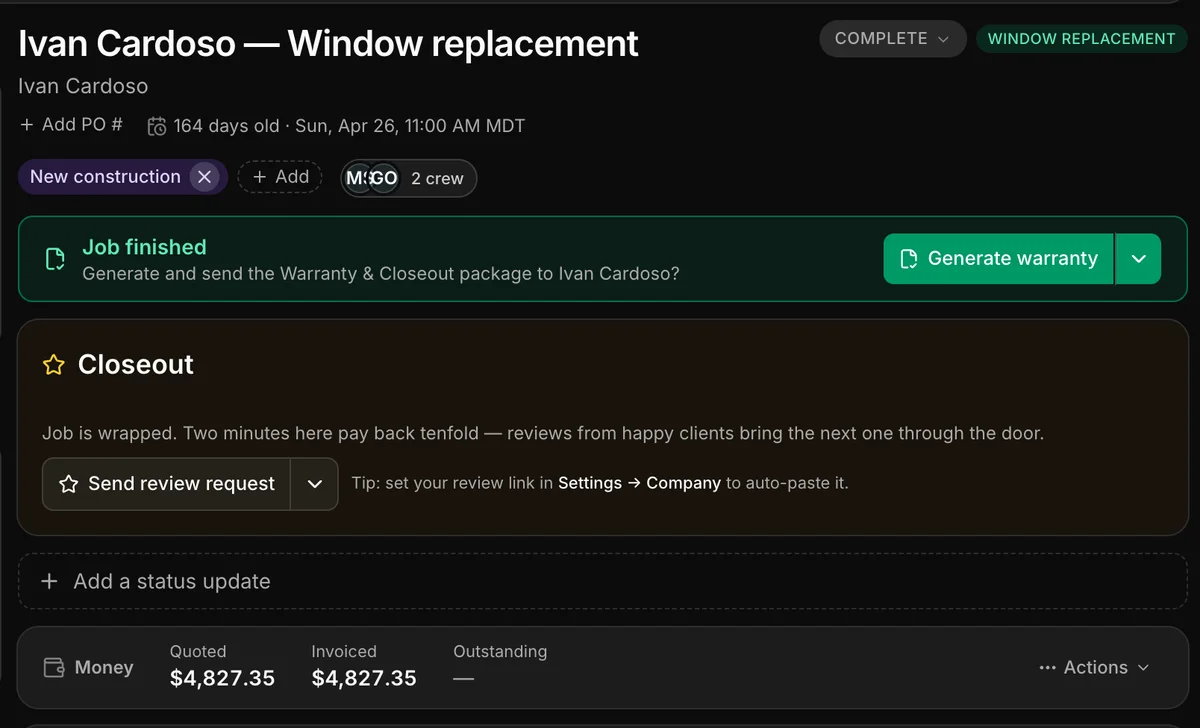 A finished job in Daybook: Job finished, Generate warranty and Closeout.