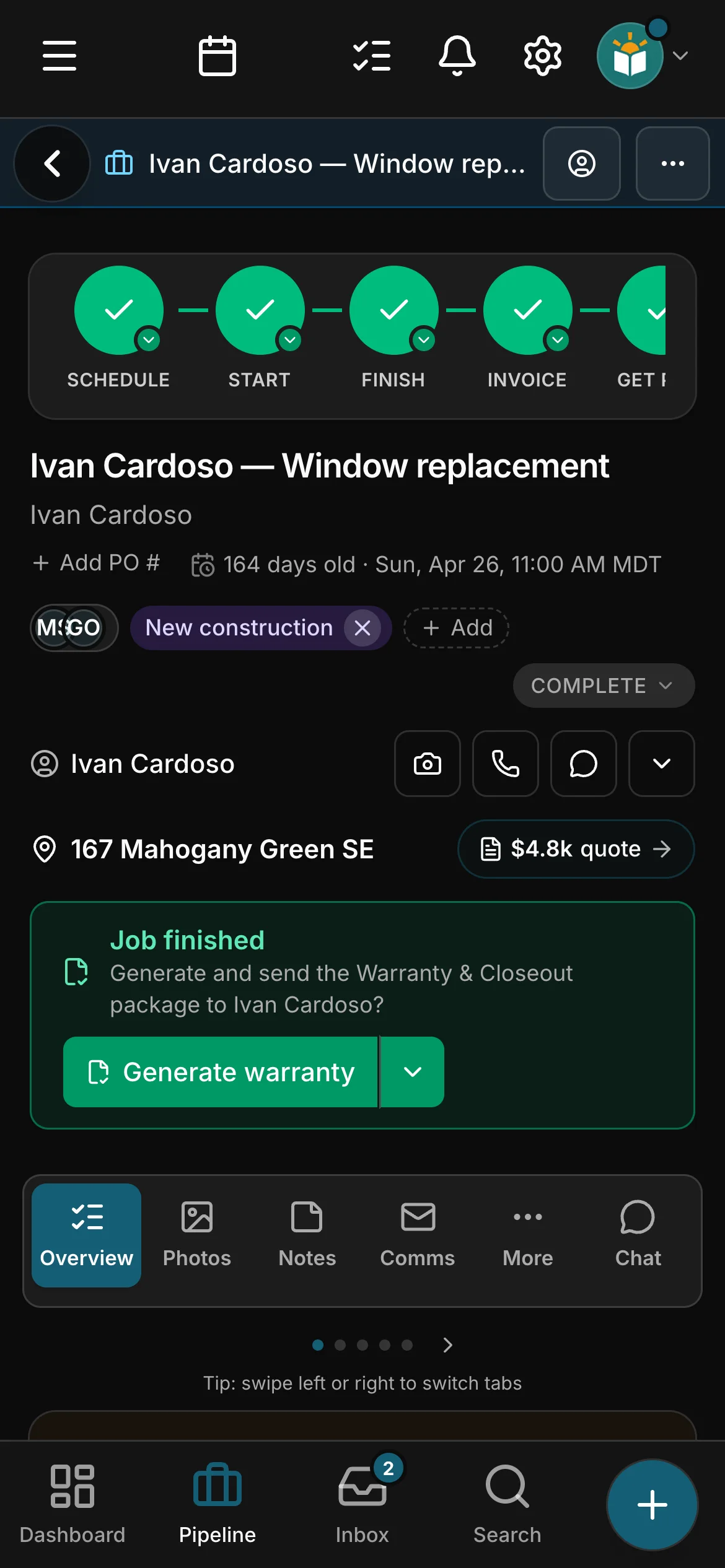 A finished job in Daybook: Job finished, Generate warranty and Closeout.