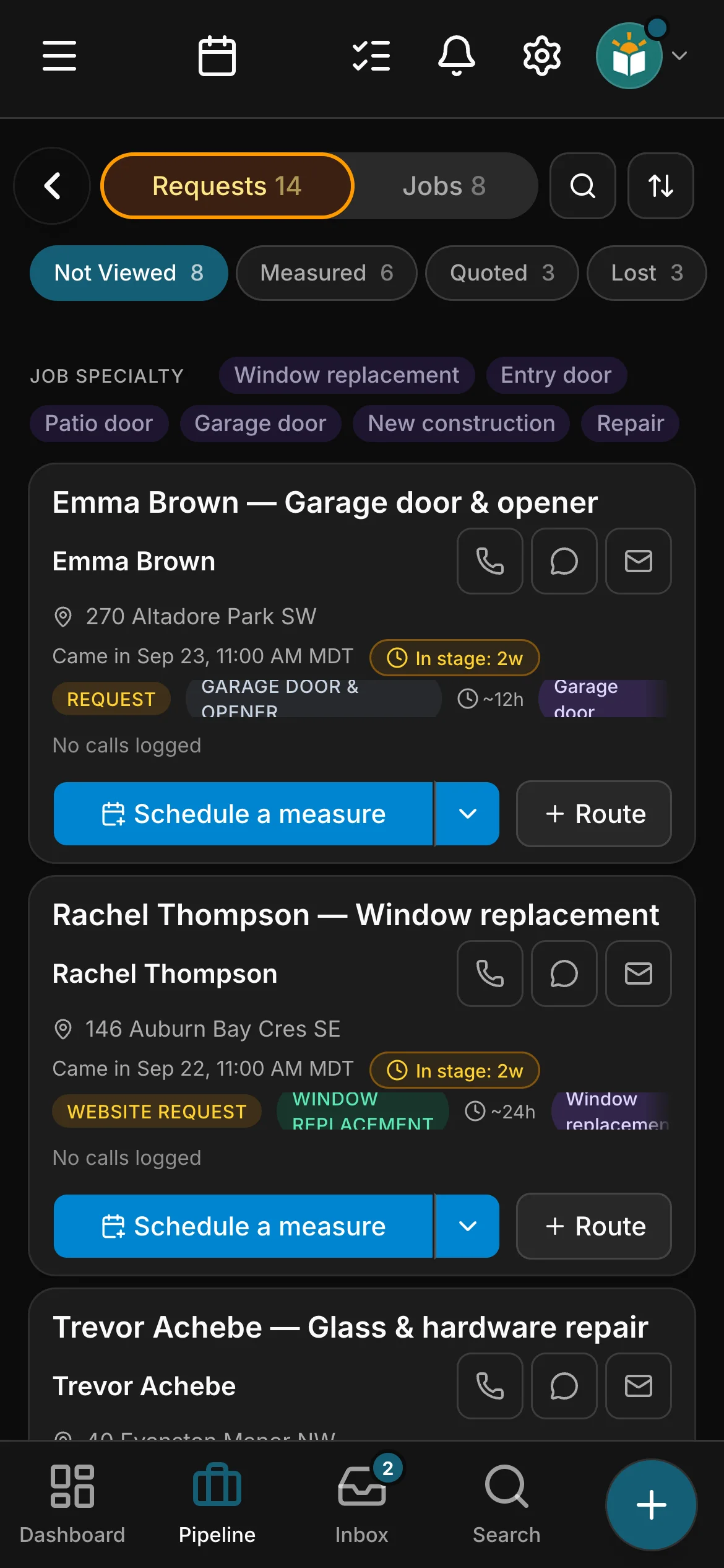 The requests board in Daybook: “Emma Brown — Garage door & opener” and “Rachel Thompson — Window replacement”.